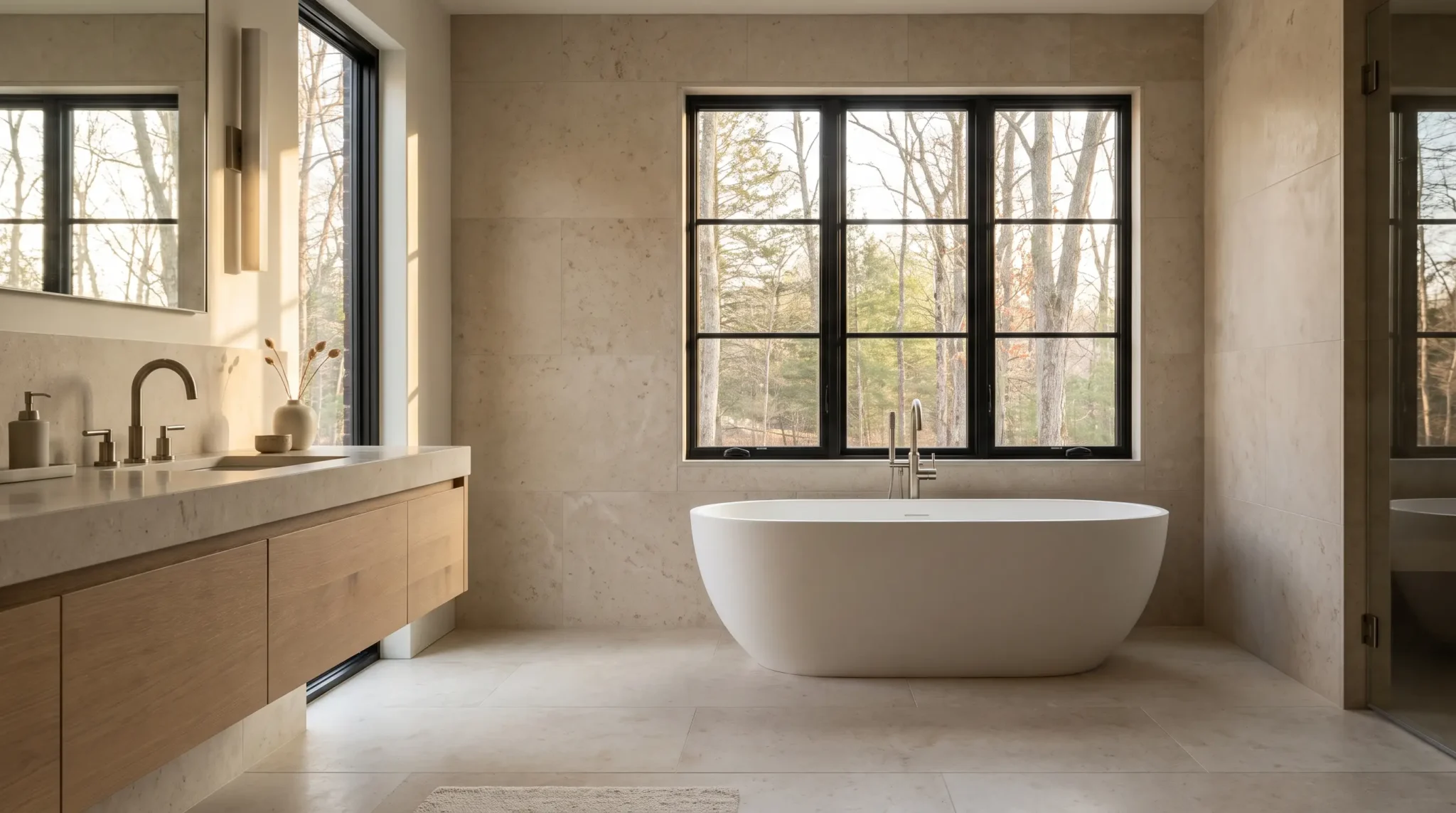 Primary bathroom with tiled shower and stone vanity