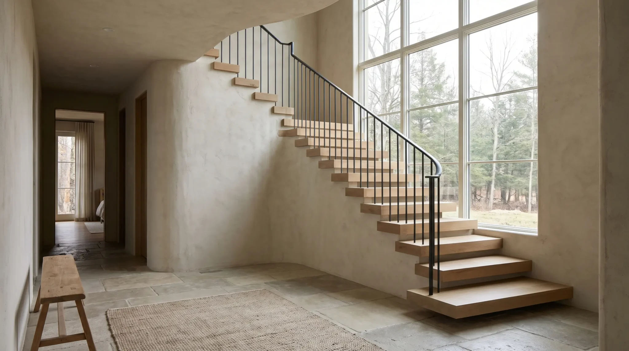 Custom staircase with wood treads and iron railing