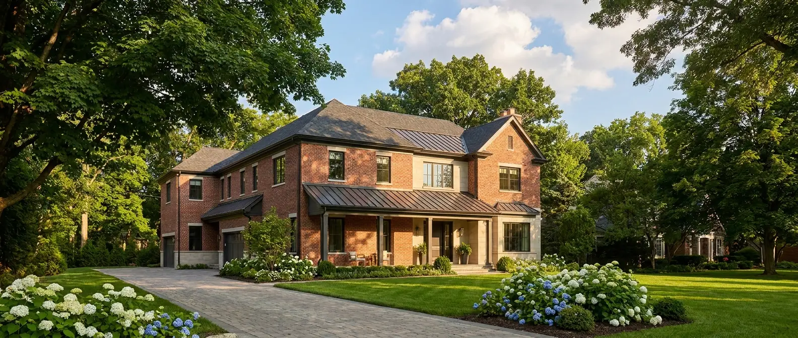Brick and limestone custom home in Birmingham, Michigan