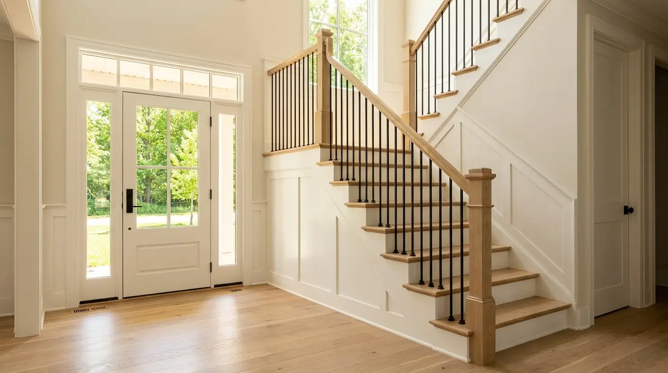 Custom entry hall and staircase with white oak treads and summer light