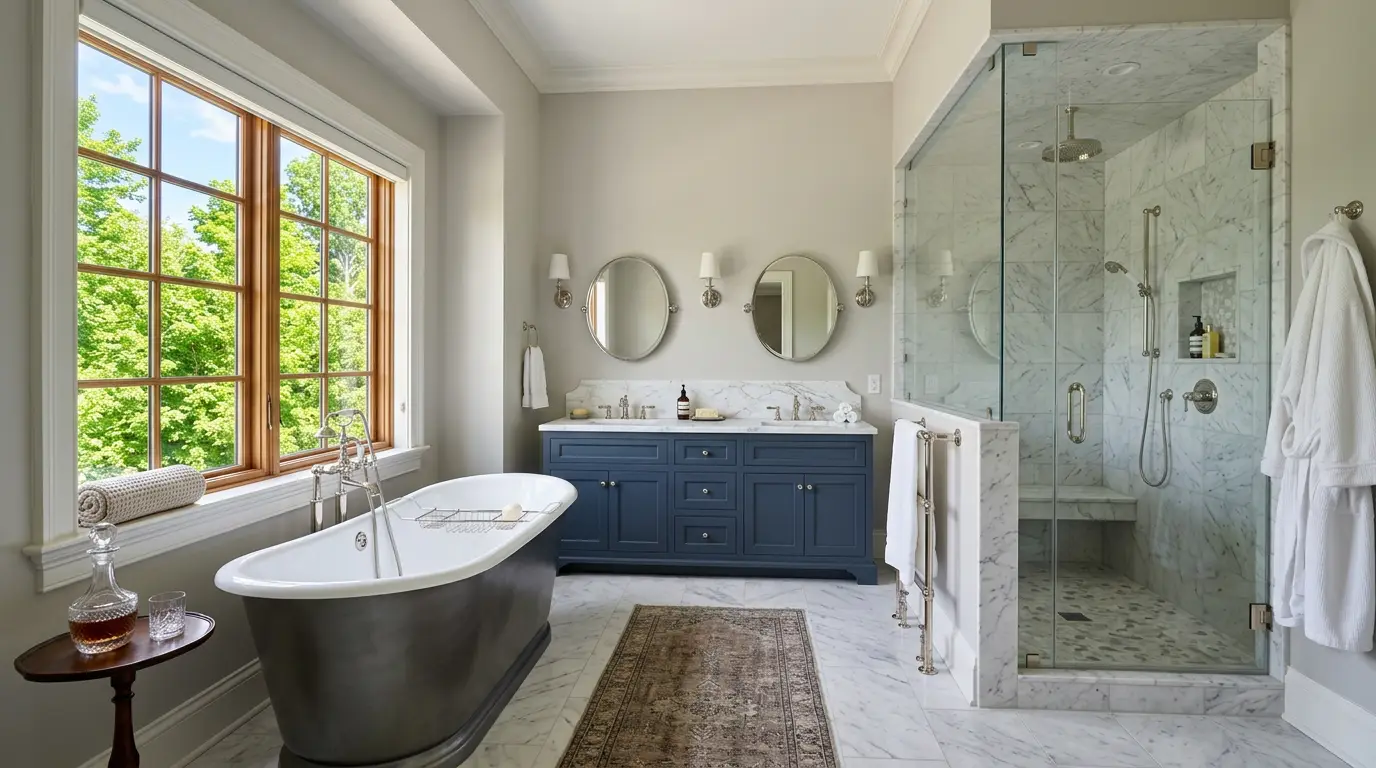 Custom primary bathroom with soaking tub and marble shower