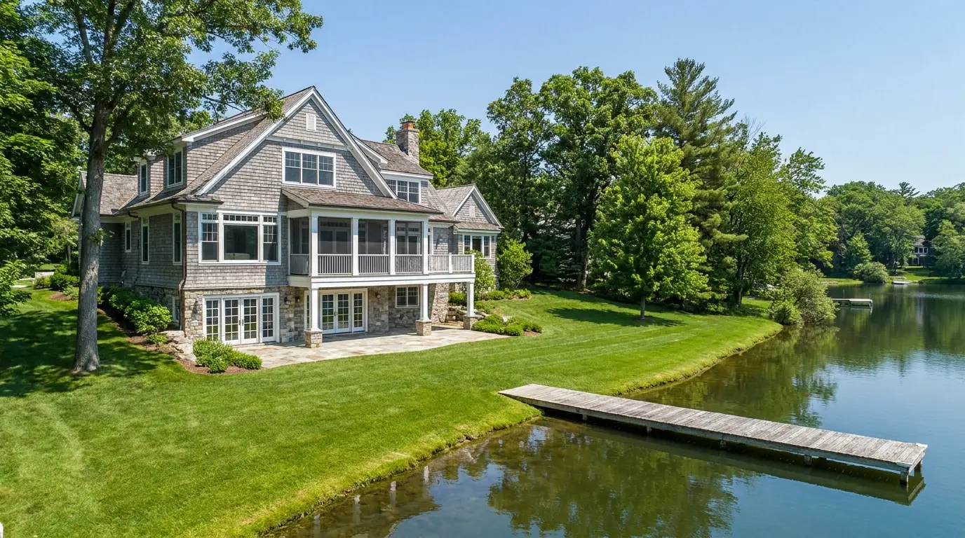 Shingle-style lakefront custom home in West Bloomfield, Michigan in summer