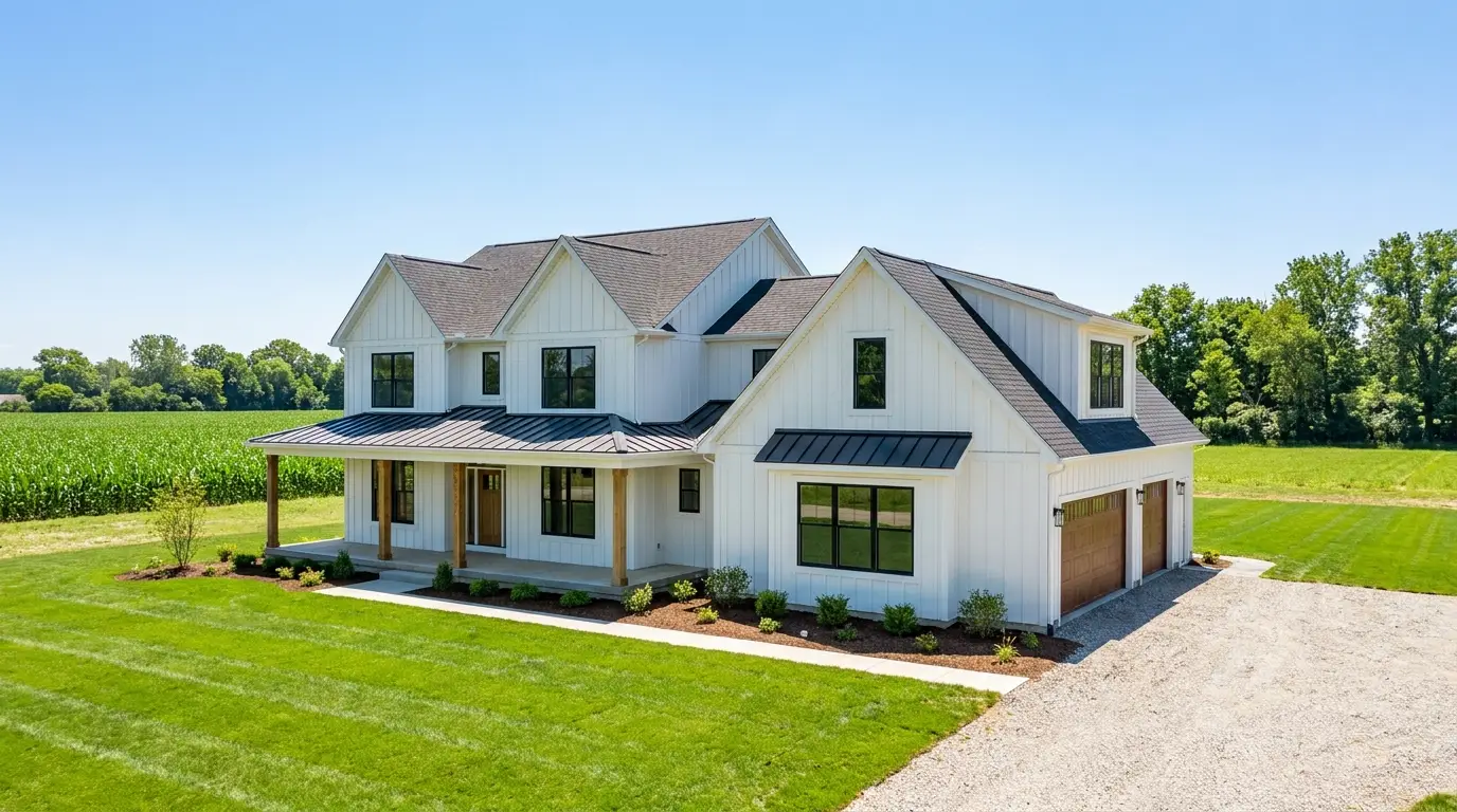 Modern farmhouse custom home in Canton, Michigan with green summer lawn