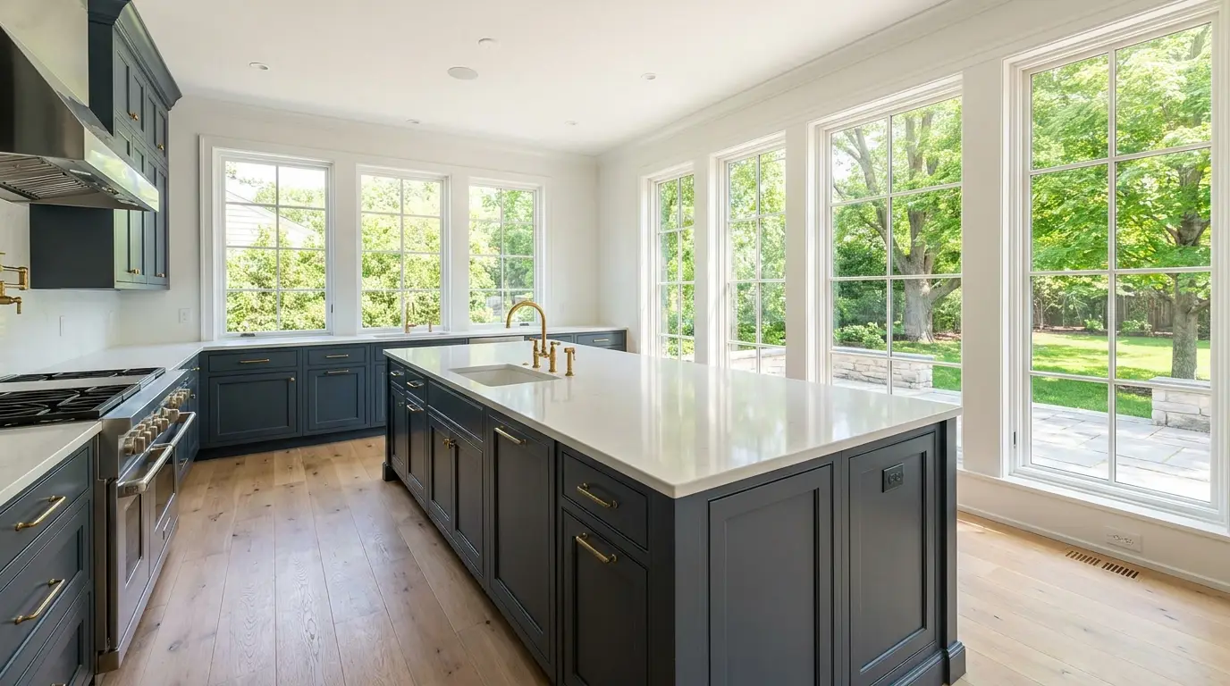 Custom kitchen with quartz island and windows onto a green summer backyard