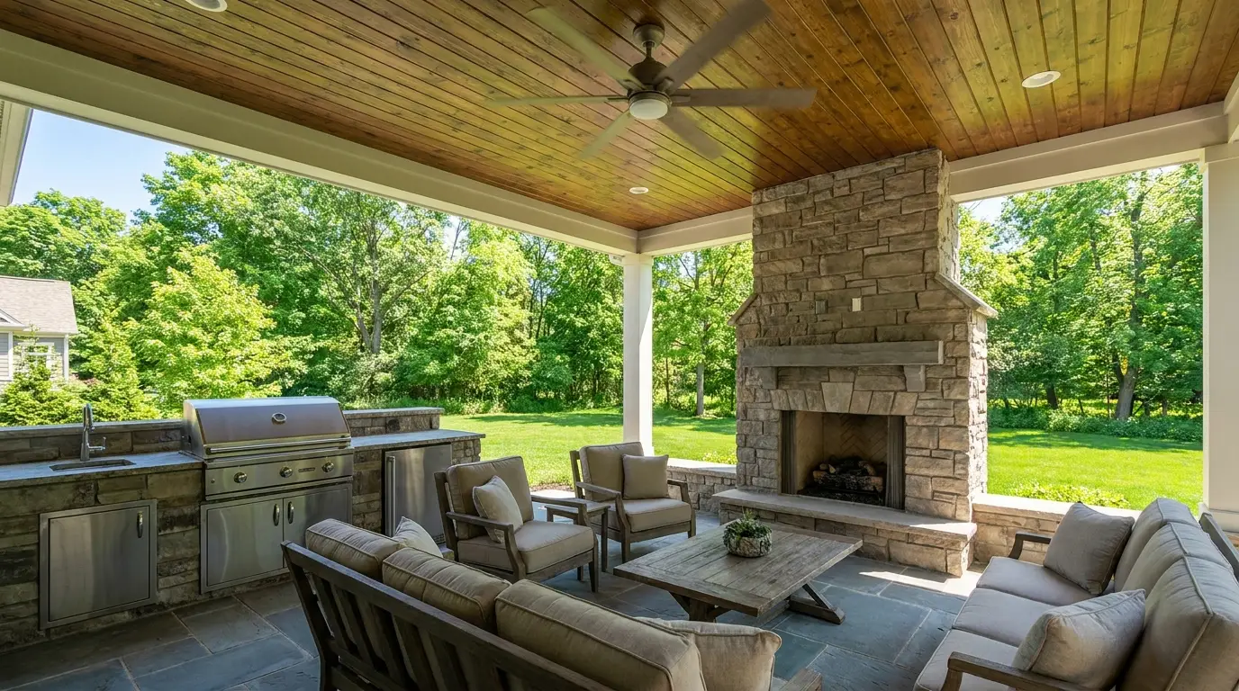 Covered rear porch overlooking a green Michigan summer backyard