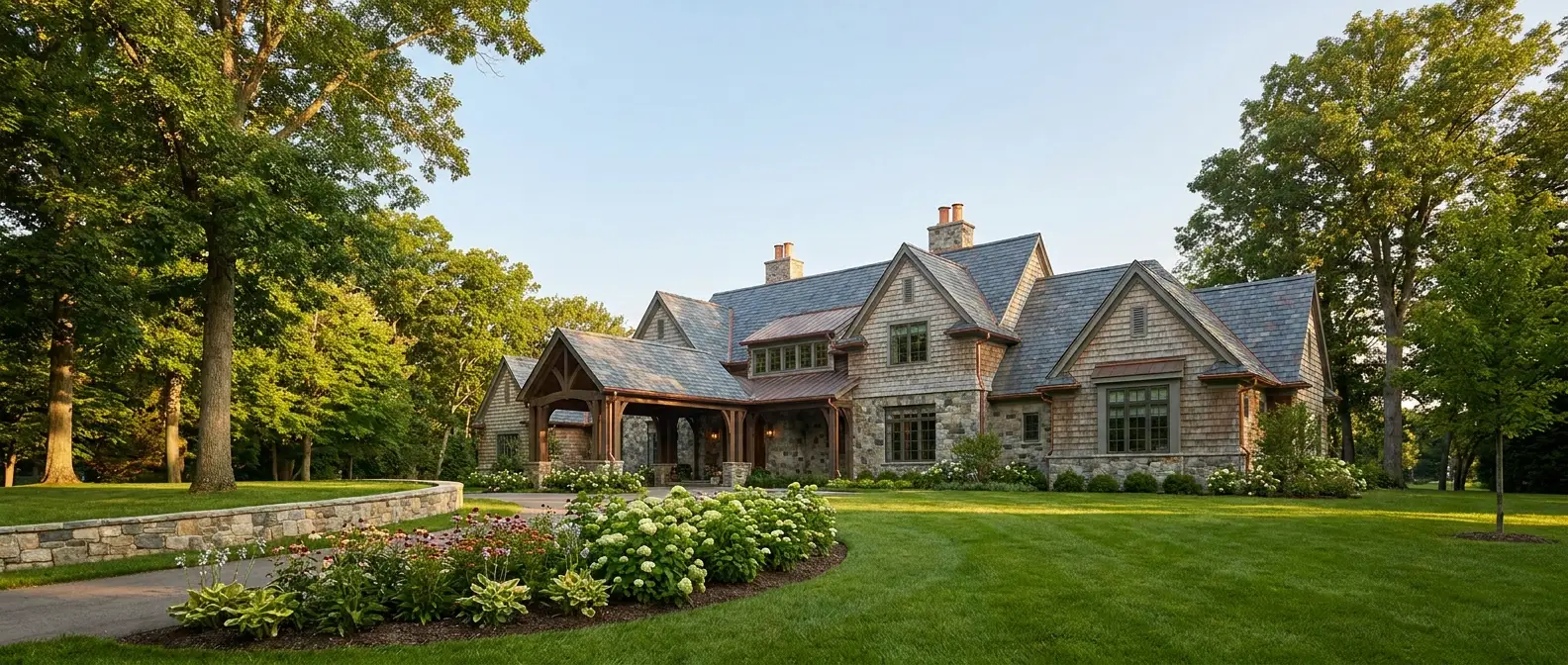 Fieldstone and cedar custom estate home in Bloomfield Hills, Michigan in summer