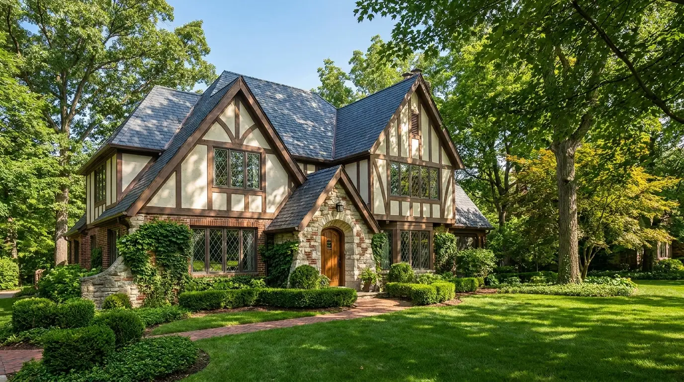 Tudor-revival custom home in Bloomfield Township, Michigan with summer landscaping