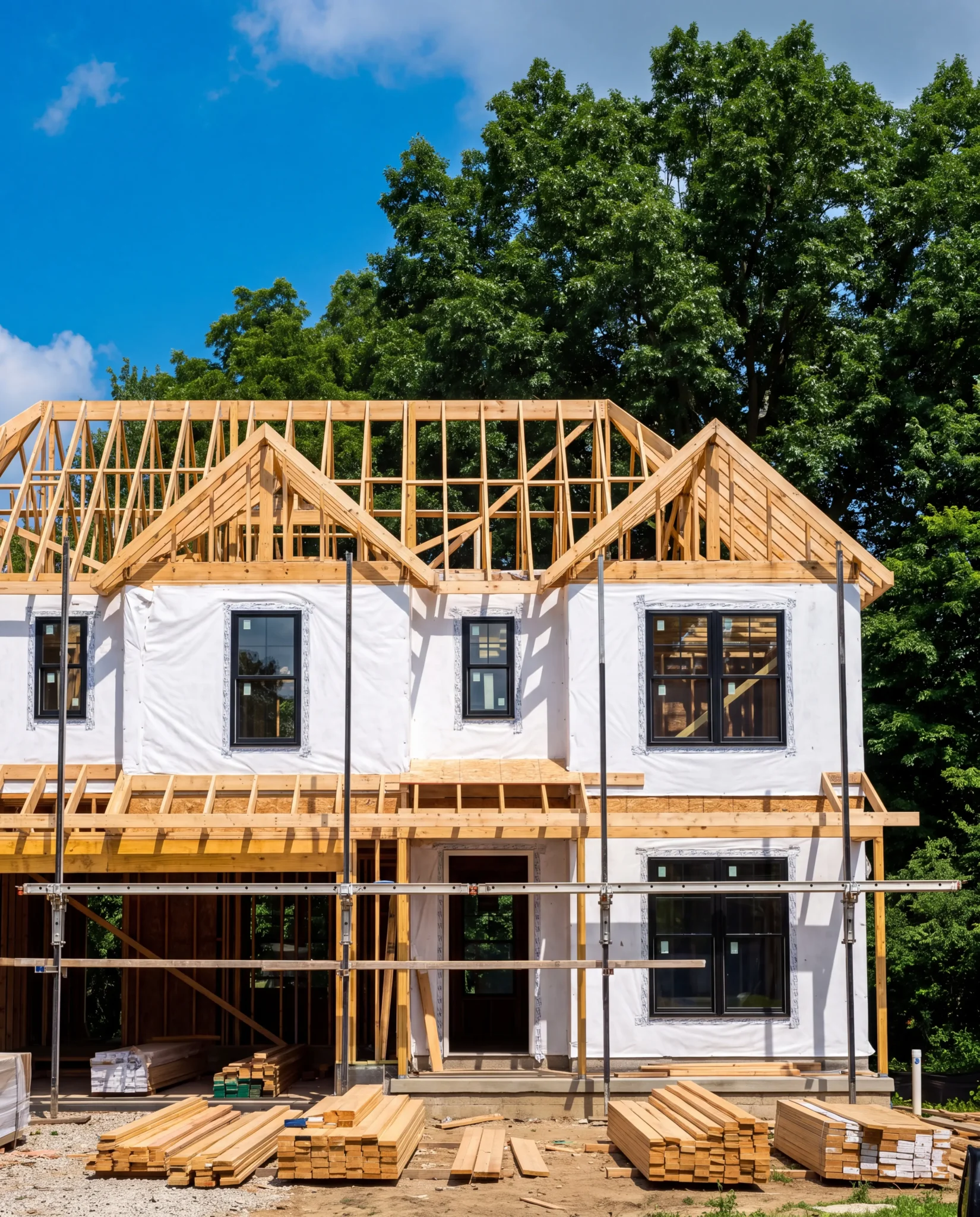 New custom home mid-construction with framing and scaffolding
