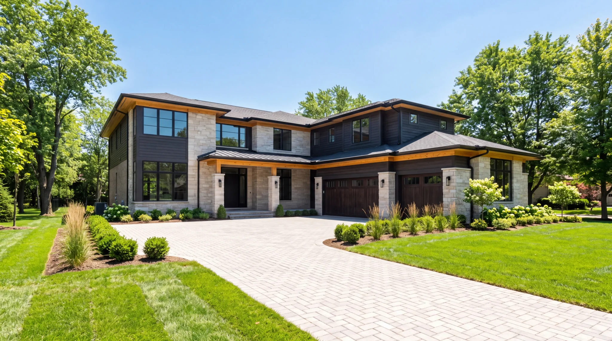 Newly built custom home with stone and dark siding in West Bloomfield, Michigan