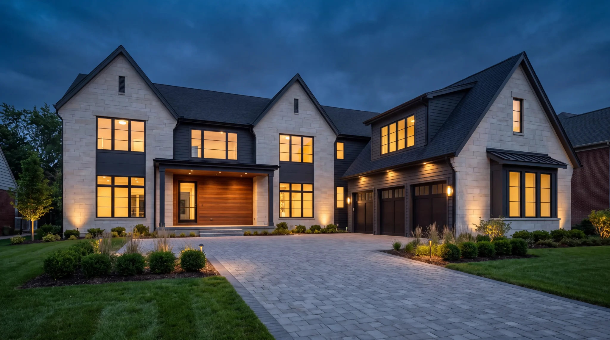 Custom home front elevation at dusk, Birmingham