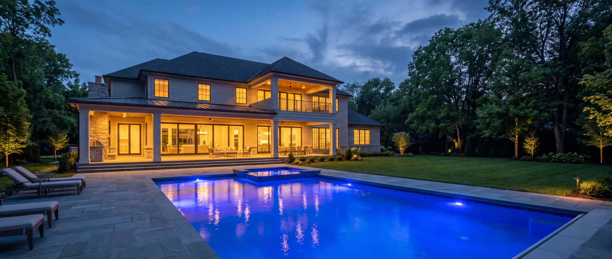 Rear elevation at dusk with blue-lit pool