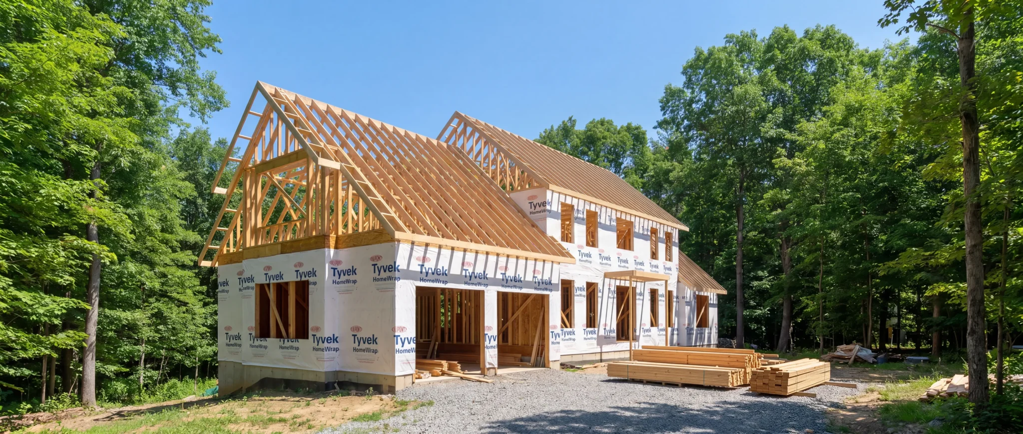 Newly framed custom home wrapped in Tyvek HomeWrap on a wooded Oakland County lot
